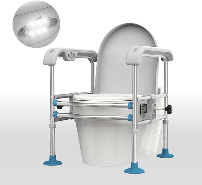 Toilet Safety Rail for Seniors with Sensor Light - Heavy Duty 300 Lbs, Universal Fit, Non-Slip Standing Aid, Included Storage Bag (Grey-Blue)