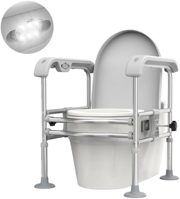 Toilet Safety Rail for Seniors with Sensor Light - Heavy Duty 300 Lbs, Universal Fit, Non-Slip Standing Aid, Included Storage Bag (Grey)