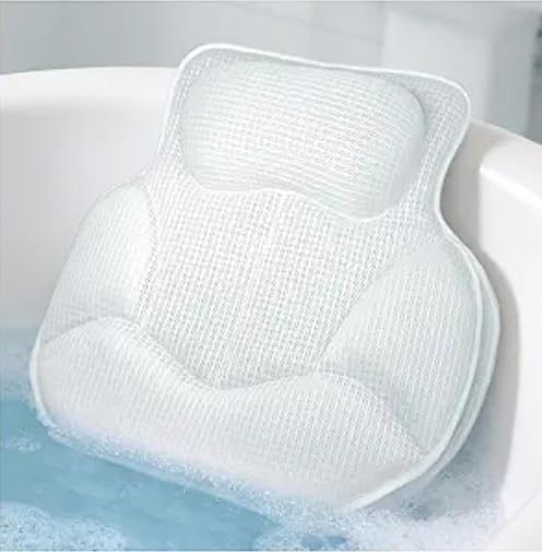 Bath Pillows for Tub with 4D Mesh Fabric - Thick and Soft Ergonomic Head Neck Back Support, Quick-Drying White Bath Pillows with Anti-Slip Suction Cups, Spa Gift for Adults and Seniors