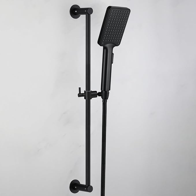 Shower Slide Bar Adjustable Handheld Shower Head Holder Wall Mount - 30inch All-Metal Shower Head Slide Bar Compatible with Bathroom Drill Free Glue Installation - Black