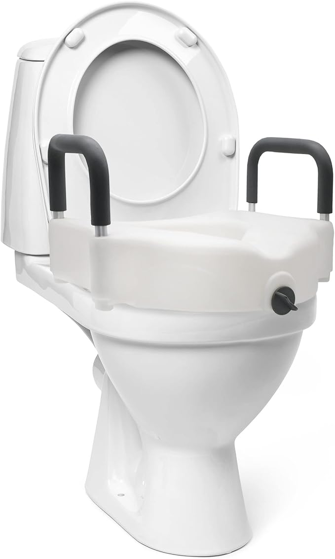 DMI Raised Locking Toilet Seat with Padded Armrests, 350 lb Weight Capacity, 5-Inch Seat Riser for Elderly, Disabled & Post-Surgery Recovery, Fits Most Standard Toilets, White