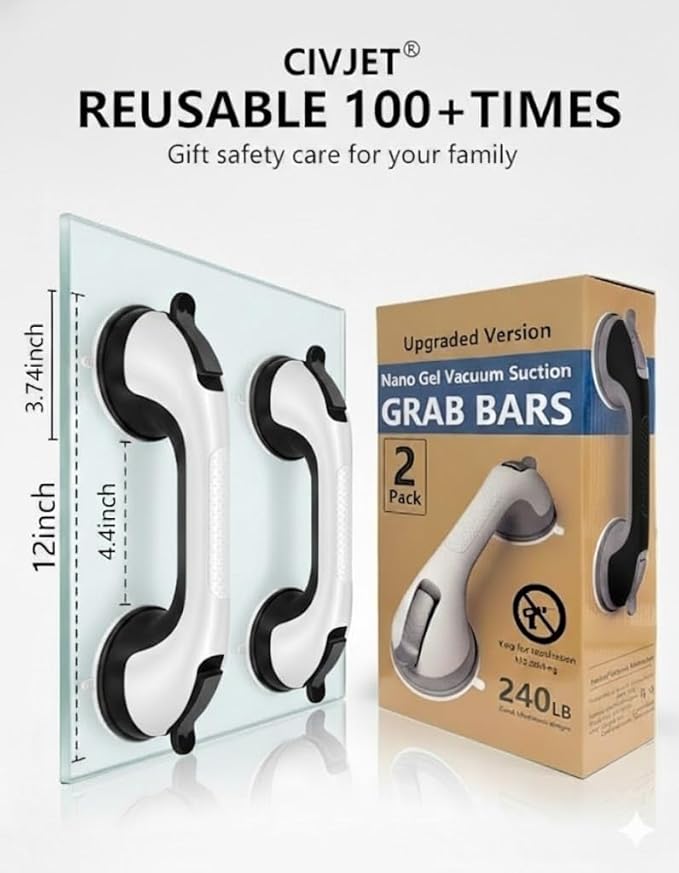 Grab Bars for Bathtubs and Showers, Handicap Shower Handle Safety with Indicators, Suction Cup Grab Bar for Shower Chair Stool, Seniors, Elderly (2 Pack) Bathroom Safety Accessory