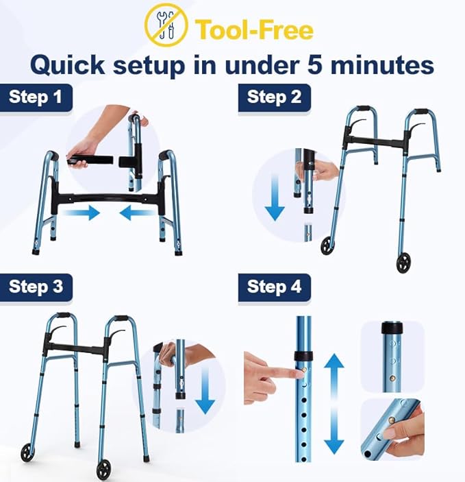 Walkers for Seniors, Folding Walker with Wheels and 2 Skis, Lightweight Rolling Walker Supports Up to 350 Pounds, Adjustable Height, Adult Compact Standard Walkers with Aluminum Frame, Blue