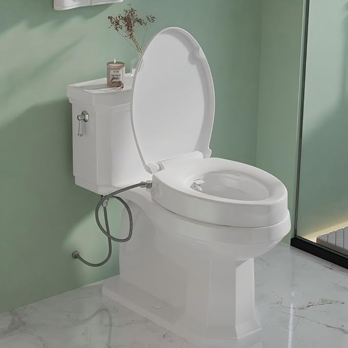 Bidet Toilet Seat Non Electric, Elongated Raised Toilet Bidet Seat with Dual Nozzles, Self Cleaning, Soft Close Lid, Rear and Feminine Washing for Seniors Adults