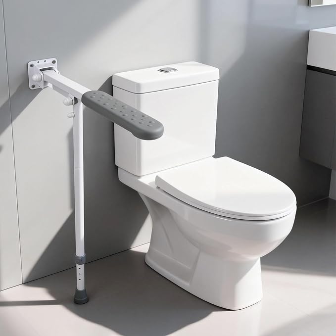 26 Inch Grab Bar for Toilet with Adjustable Height and Length, Flip up Bathroom Safety Rail with Support Leg, 660lbs Capacity Anti-Slip Handicap Toilet Handrail for Seniors