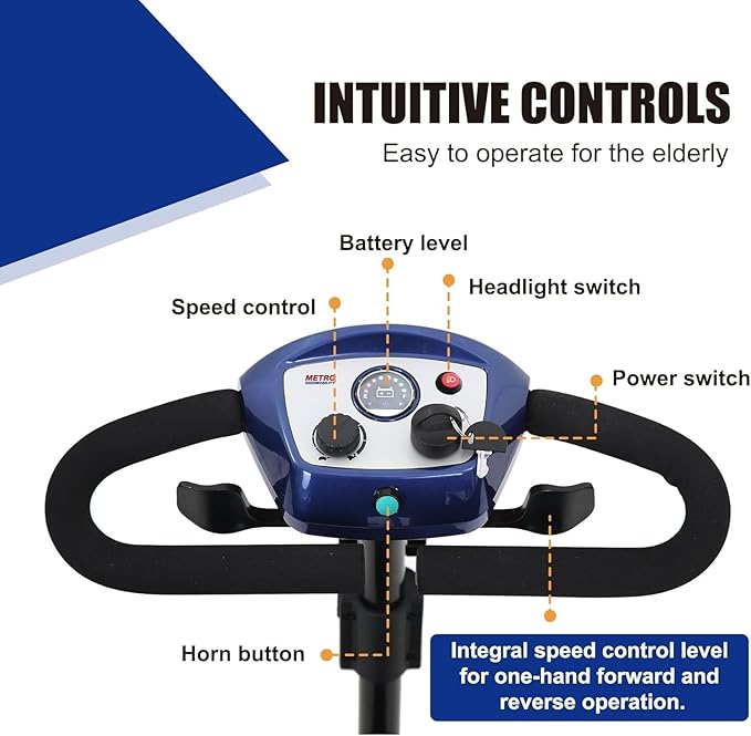 Mobility Scooter for Seniors and Adults M1 Blue, 300W Motor, 9” Solid Tires, Foldable Heavy Duty Electric Scooter, Comfortable Adjustable Seat with 360° Rotation, Portable for Travel