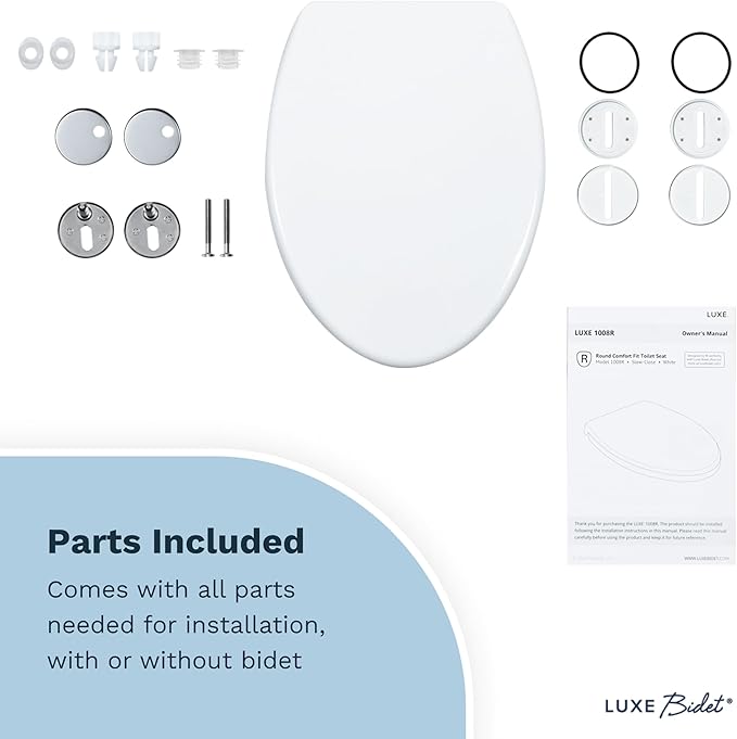 LUXE TS1008E Elongated Comfort Fit Toilet Seat with Slow Close, Quick Release Hinges, and Non-Slip Bumpers (White)
