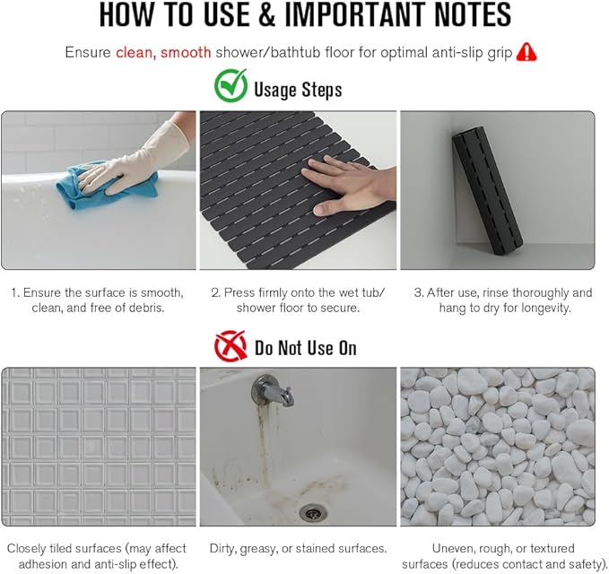 MBOSS Bath Tub Shower Mat Non Slip Bathtub Mats for Bathroom Shower Floor Mat Bath Mats for Shower Tub Anti Slip Shower Mat with Drain Hole and Large Suction Cups (Black, 27.5 X 15.7 Inch)