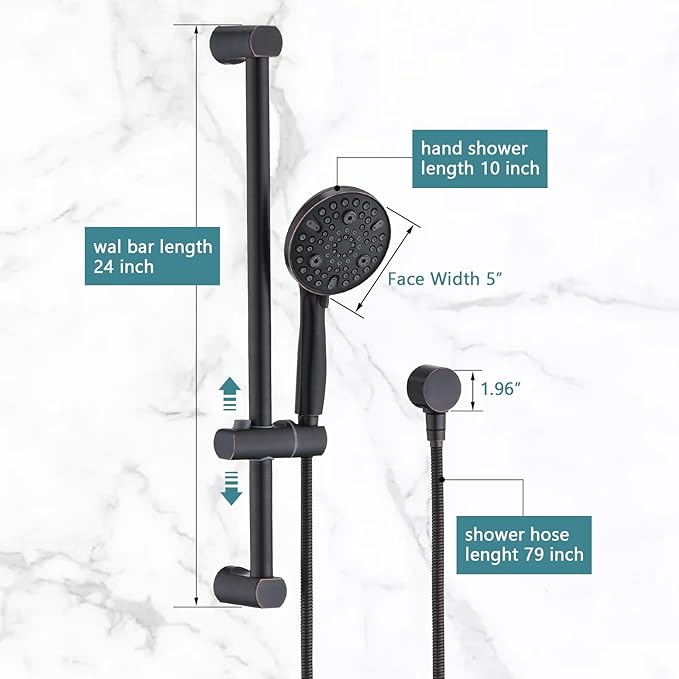 Hand Shower with Slide Bar, High Pressure 10 Setting Handheld Shower Head, Adjustable Height 24" Slide Bar, Wall Supply Elbow and 6.6ft Extra Long Shower Hose - Oil Rubbed Bronze