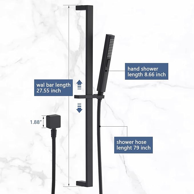 Handheld Shower Head with Slide Bar Combo, 27.5-Inch Adjustable Height Slide Bar, High Perssure Handheld Shower Head with 6.6ft Extra Long Hose, Brass Wall Supply Elbow, Matte Black