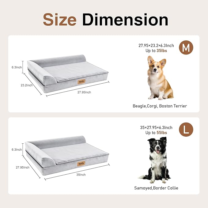 Dog Bed Large Sized Dogs, Orthopedic Dog Sofa Pet Bed, Waterproof Memory Foam Dog Bed, Large Dog Couch Bed with Washable Removable Cover, Grey - 35x27.95x6.3in