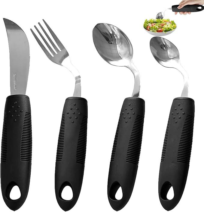 4Pcs Weighted Adaptive Utensils, 45°Angled Built up Utensils Set for Hand Tremors, 3.5oz Parkinsons Utensils for Elderly, Hand Tremors, Parkinson & Disabled Care Gift Pick (Right-Handed)