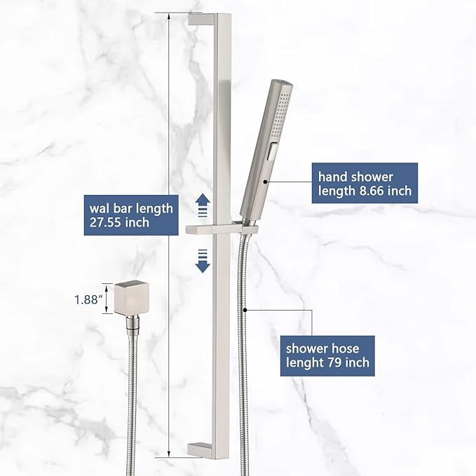 Handheld Shower Head with Slide Bar Combo, 27.5-Inch Adjustable Height Slide Bar, High Perssure Handheld Shower Head with 6.6ft Extra Long Hose, Brass Wall Supply Elbow, Brushed Nickel