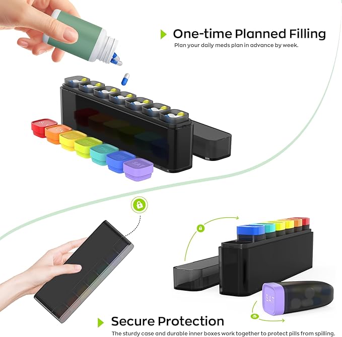 Weekly Pill Organizer 1 Time a Day, HIONXMGA Portable Travel Pill Box 7 Day, Large Once Daily Pill Case Holder, Color-Coded Pills Container Dispenser for Medication Vitamin Supplement Fish Oil, Black