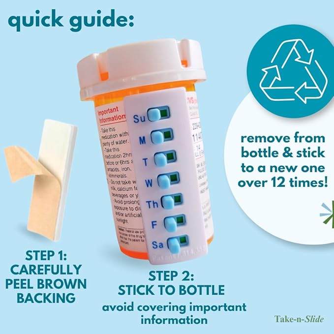 TAKE-N-SLIDE Peel and Stick Reusable for 12 + Refills, Pill/Medication/Vitamin/Pet Med Tracker & Reminder, Attach to Your Bottle, Organizer-Free, Curved‑Back (White, 2-Pack)