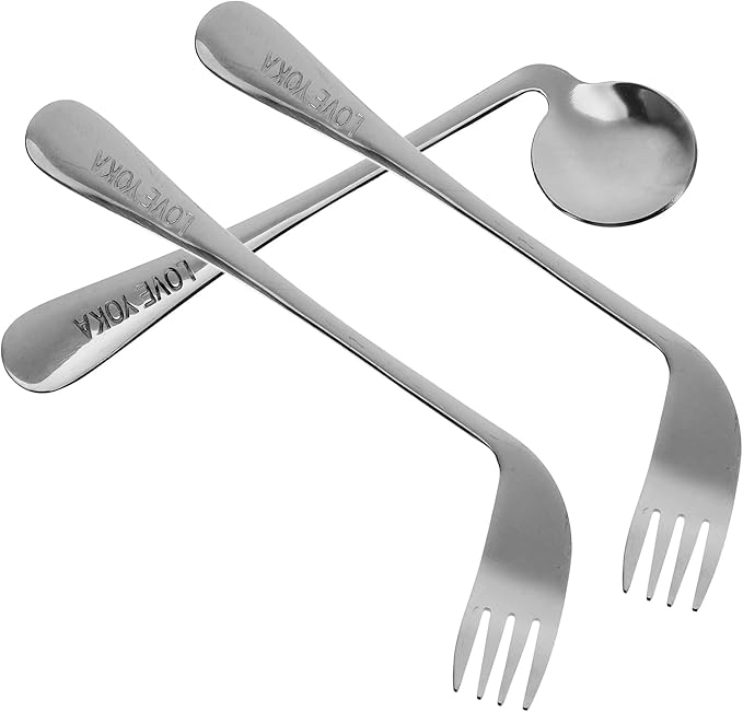 Left Handed Adaptive Utensils Set Stainless Steel Angled Fork and Spoon Easy Hold Offset Spoon Easy Offset Spork for Limited or Weak Grasp Elderly