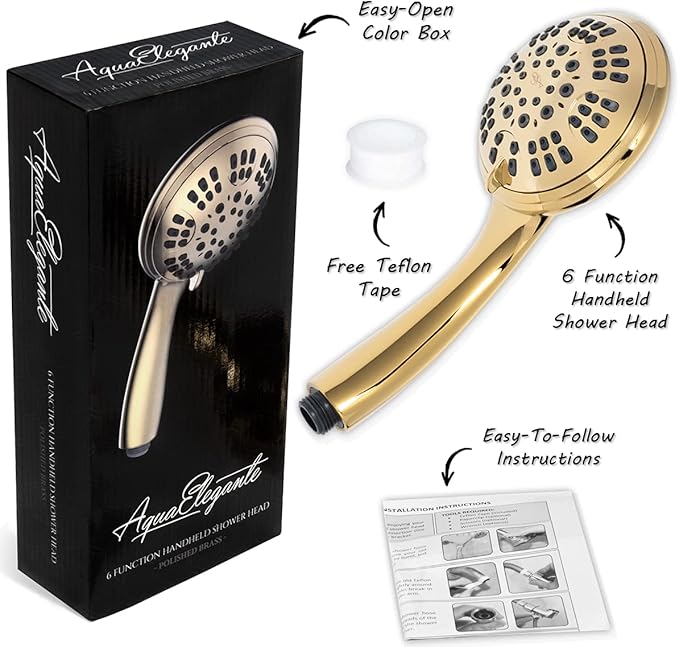 Aqua Elegante 6 Function Luxury Handheld Shower Head - Adjustable Pressure Rainfall Spray With Removable Nozzle, Polished Brass
