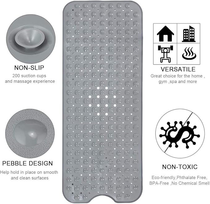 YINENN Bath and Shower Safety Mats 40x16 inch, Non Slip with Suction Cups for Bathroom Stall and Tub Floor, Extra Large and Machine Washable, Drain Holes Keep Bathtub Clean, Grey