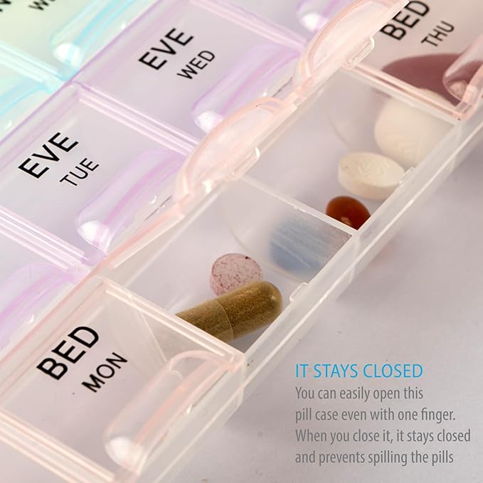 Deke Home - Pill Organizer 4 Times a Day, Weekly Medicine Box with Morning, Noon, Evening, Bed Compartments, Large, Translucent, Easy-to-Open Pill Case, 7-Day Travel Medication Organizer for Vitamins.