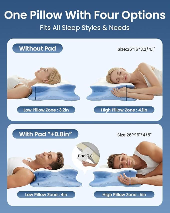 RAINBOW NOTE Ergonomic Contour Memory Foam Pillow, Adjustable Height Cervical Pillow for Neck Pain Relief, Blue White, 24×16.5×5.5 Inches