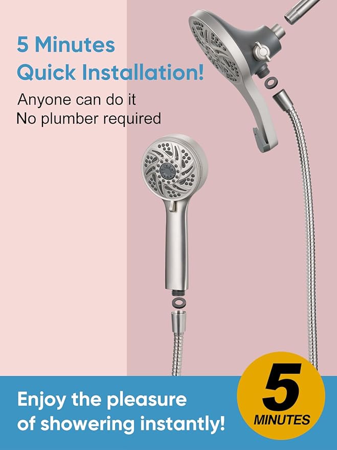 Cobbe High Pressure 3-Way Shower Head Combo, Hand Held Shower & Rain Shower Separately or Together, Dual 2 in 1 Showerhead with Stainless Steel Hose - Brushed Nickel