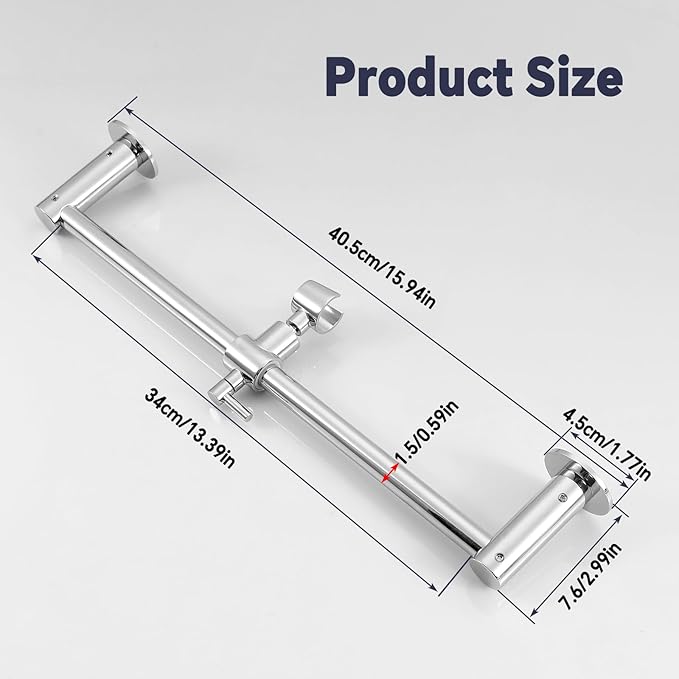 Shower Slide Bar Adjustable Handheld Shower Head Holder Wall Mount - 15inch All-Metal Shower Head Slide Bar Compatible with Bathroom Drill Free Glue Installation - Polished Chrome