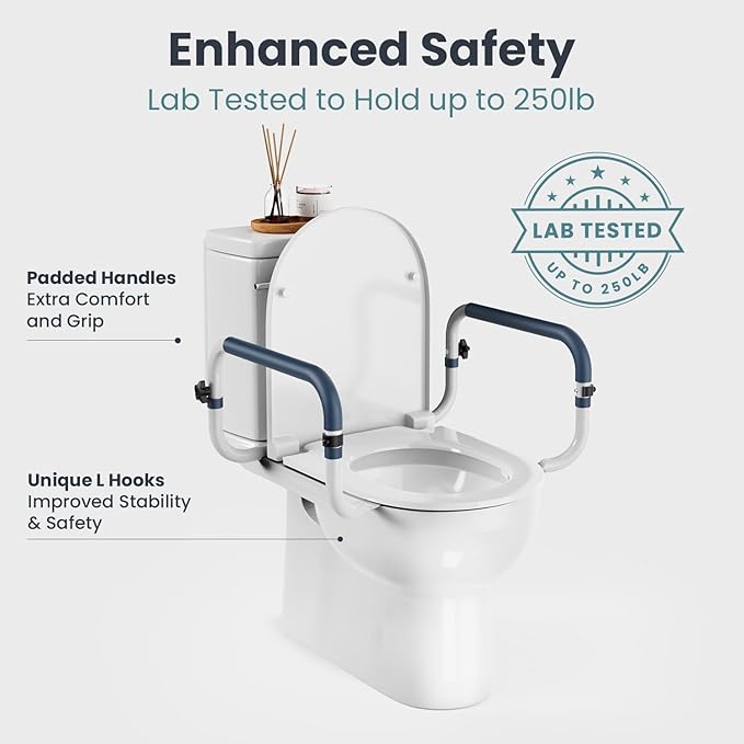 Toilet Safety Rails (250lb) - Adjustable Toilet Safety Rails, Toilet Bar for Elderly Adults, Toilets Rails for Seniors, Toilet Seat with Handles for Elderly & Disabled-Easy Installation-2 Pack