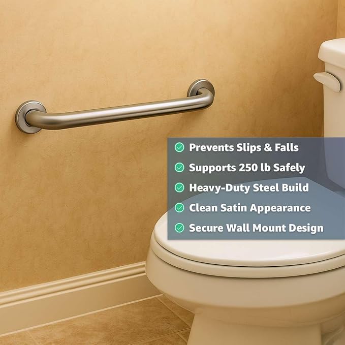 18" Stainless Steel Grab Bar for Bathroom - Wall Mounted Safety Rail with Satin Finish, 250 lb Capacity, Support Handle for Elderly, Toilet, Shower, Restroom, Home & Commercial Use
