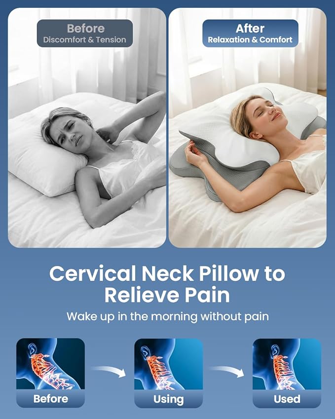 Cervical Pillow for Neck Pain Relief, 4-Height Adjustable Oeko-TEX Memory Foam Contour Pillow for Sleeping, Ergonomic Orthopedic Cooling Neck Pillow for Side Back Stomach Sleepers, Arm Support