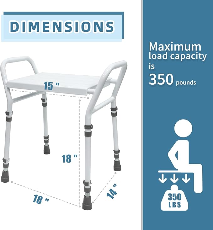 Shower Chair Seat with Arm for Inside Shower - Adjustable Up to 24 Inches Shower Stool with Suction Feet for Seniors, Elderly, Handicap & Disabled-Adjustable Support Shower Bench