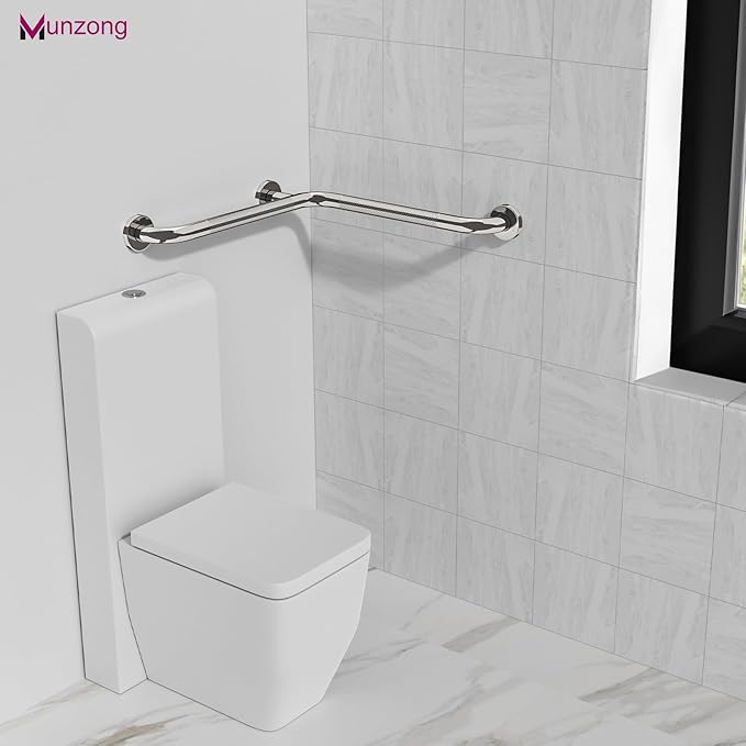Angled Shower Grab Bar, Munzong Anti Slip Chrome Bathroom Grab Bar, L-Shaped Knurled Balance Bar, Safety Hand Rail Support Handicap Elderly Injury Senior Assist Bath Handle