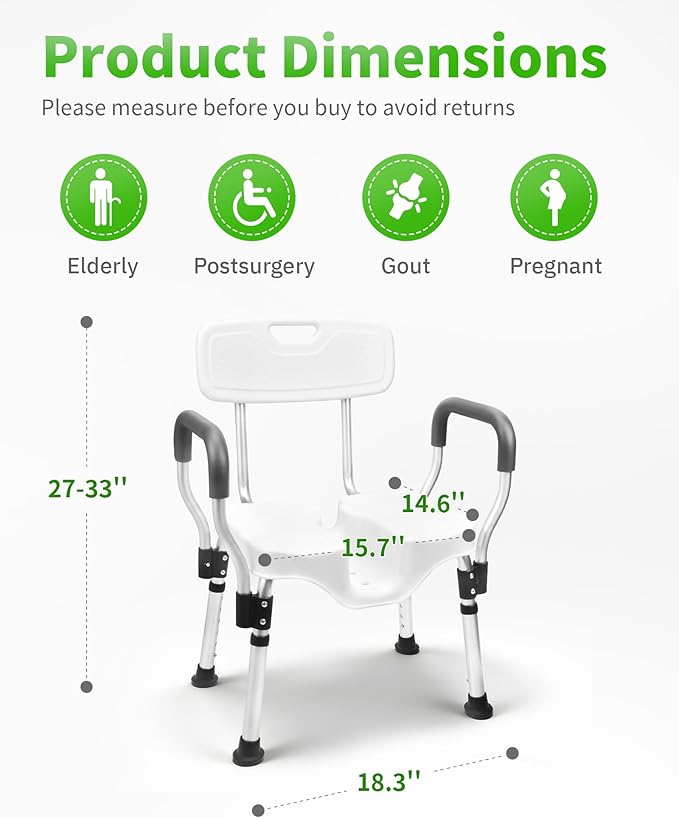 Shower Chair for Inside Shower - U-Shape Shower Chair with Arms for Handicap - Heavy Duty Wide Shower Seats for Elderly, HDB-796E
