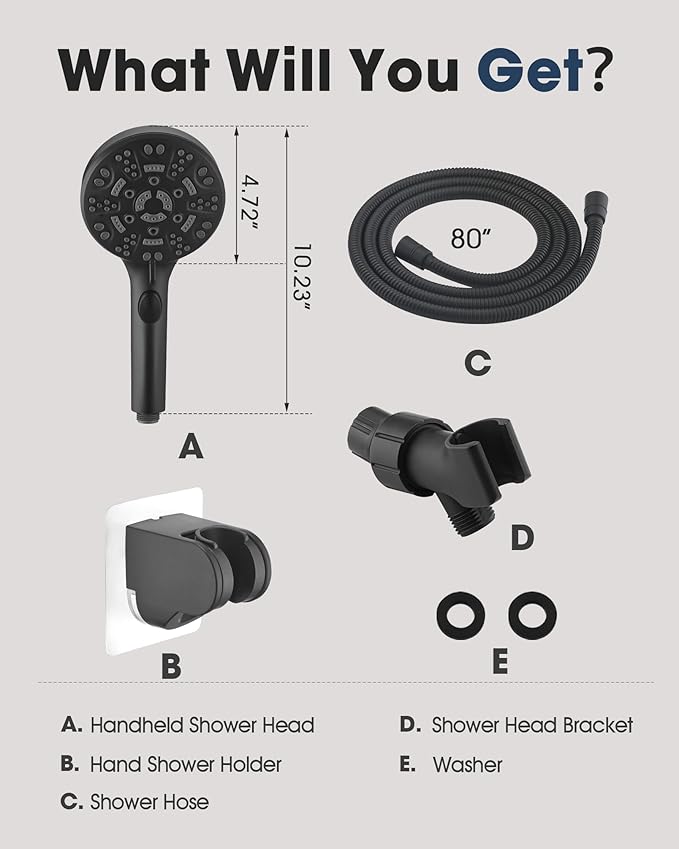 Handheld Shower Head with 6.56ft Extra Long Hose, On Off Switch 8-Seting High Preesure Hand Held Showerhead, Low-Reach Adhesive Holder for Kid, Disable& Elder (Matte Black)