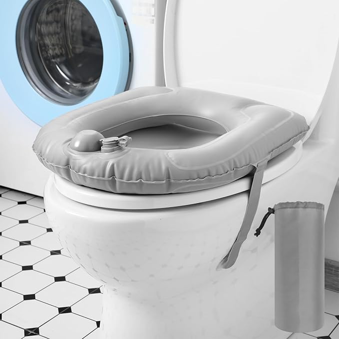 Gilprop Travel Toilet Seat Riser Inflatable Padded Toilet Seat for Seniors Portable PVC Bedside Commode Grey Raised Cushion with Suction Cup and Storage Bag for Elderly Recovery Senior Travel Camping