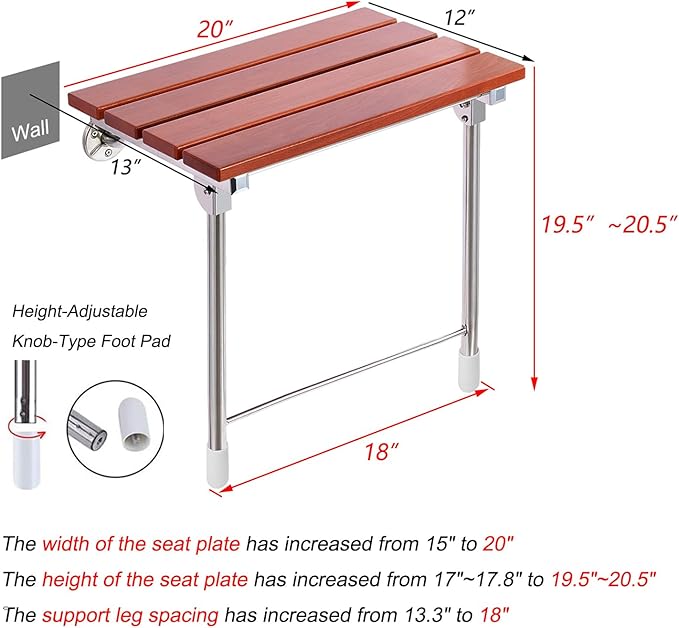 Folding Shower Seat Wall Mounted with Legs, Foldable Shower Chair for Inside Shower, Fold Down Shower Bench for Seniors (Wood, Fixed Height Plus)
