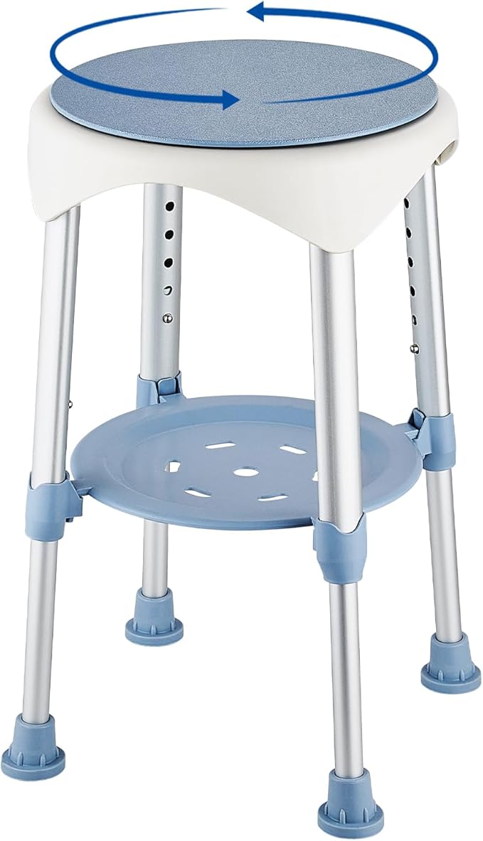 Shower Stool Chair for Inside Shower, Upgrade Small Corner Plastic Stool for Seniors Adult, 360° Swivel Shower Seat Stool for Bathroom, 6-Level Adjustable Height Bath Chair with Shelf
