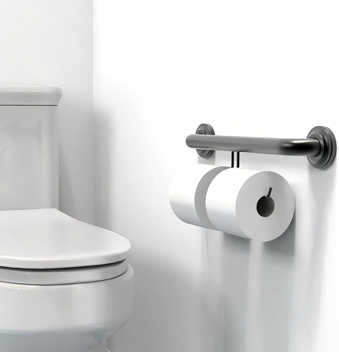 ADA Compliant Grab Bar with Toilet Paper Holder (2 Mega Rolls), 500lbs Weight Support, 1-1/4 x 16 inch for Stud Mount, Matte Black