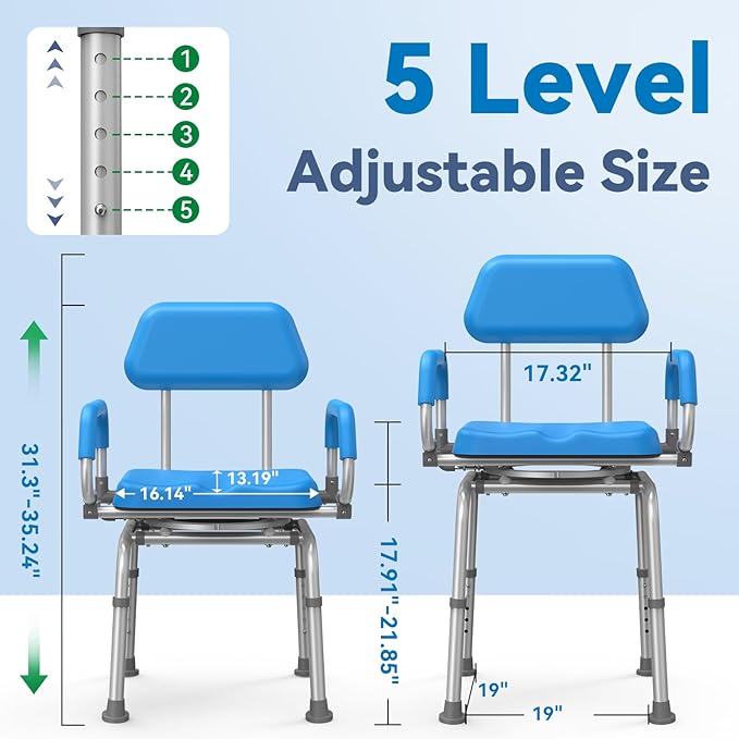 Loyoda FSA/HSA Eligible Swivel Shower Chair with Arms and Back, Padded Shower Bench with Pivoting Arms, Height Adjustable Shower Chair for Elderly and Disabled, 400 lbs