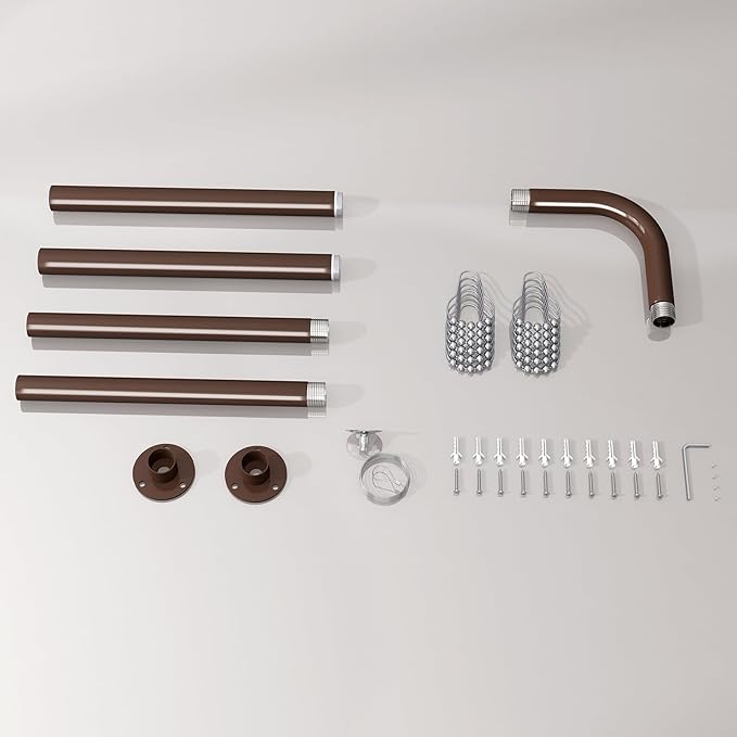 L Shaped Corner Shower Curtain Rod, 24"-37" x 24"-37" Adjustable 90 Degree Curved Bathroom Rod Square Rail No Sag with 12 Hooks & Ceiling Support - Coffee