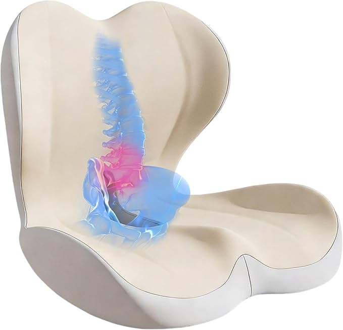 Seat Cushion for Office Chair and Car, Lumbar Support Pillow for Office Chair, Memory Foam Ergonomic Seat Cushion for Long Sitting, Back & Tailbone Pain, Sciatica - Beige & Gray