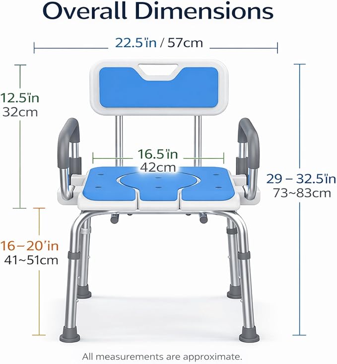 Shower Chair and Commode Combo with Flip-Up Armrests, Adjustable Bath Seat with Hole, Rust-Resistant Non-Slip Bathroom Bench for Seniors and Adults, White & Blue