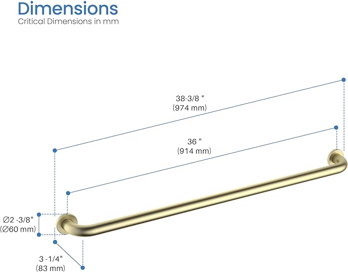 KIBI 36 Inch Stainless Steel Bathroom Safety Grab Bar | Curved Shaped Grab Bar for Bathtubs and Showers, Shower Safety Grab Bars for Seniors, Wall Mounted Anti-Slip Support (Brushed Gold, KGB1036)