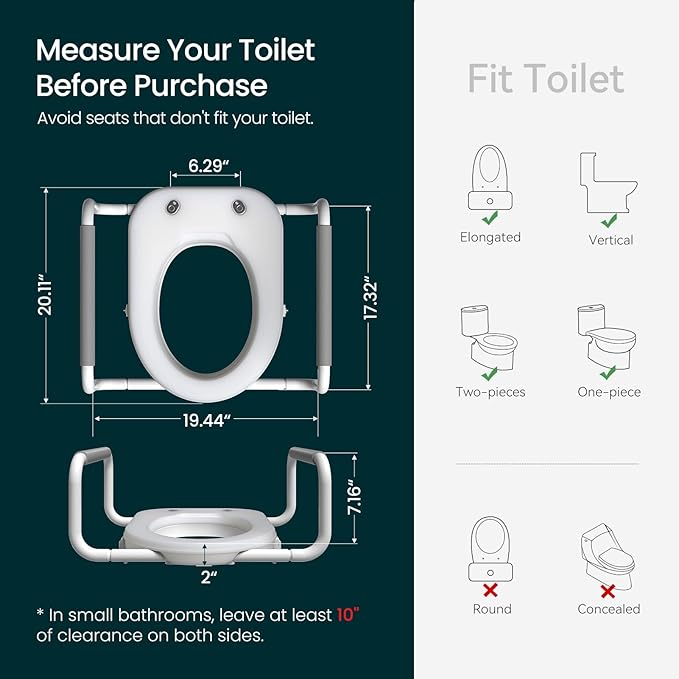 R&T 2" Toilet Seat Riser with Handles – Comfortable Raised Toilet Seat for Seniors, Fits for Elongated Toilets, Elevated Seat with Soft Grey Padded Arms for Bathroom