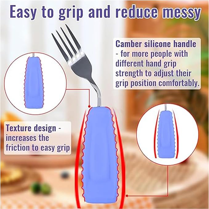 Adaptive Utensils,Weighted Angled Silverware,Parkinsons Aids,Angled Silverware Spoon and Fork Set for Elderly, Arthritis, Dementia, Disable, Handicapped Hands (Right Hand,Pack of 2,Purple)