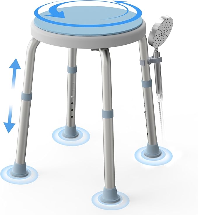 WHLICKS Swivel Shower Stool for Inside Shower, 360° Rotating Stool with Non-Slip Seat Pad, Adjustable Shower Chair for Seniors with 6 Height Levels, Lightweight Seat Up to 300 lbs, Tool-Free Assembly
