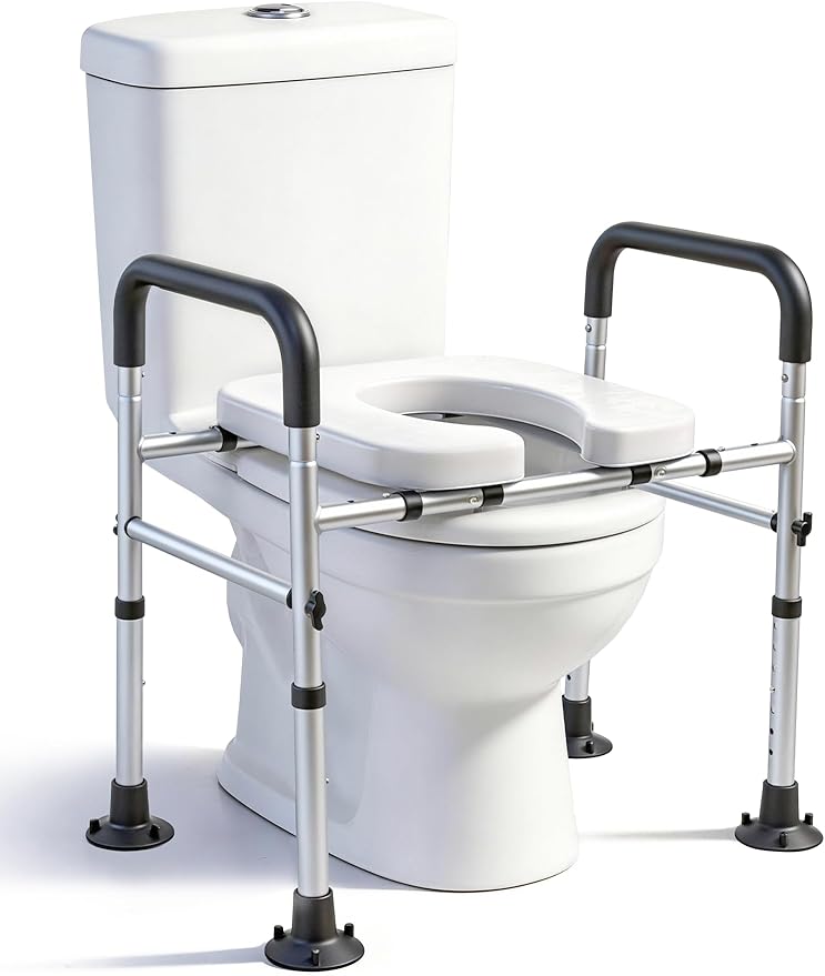 Adjustable Raised Toilet Seat with Handles for Seniors, 400lbs Capacity Elongated Toilet Seat Riser, Elevated Toilet Seat with Soft Cushion & Removable Armrests