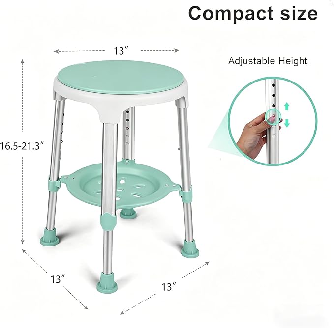Swivel Shower Stool 350lbs, Tool-Free Assembly Adjustable Shower Seat Bathroom Stool with Storage Tray & Anti-Slip Rubber Tips for Safety and Stability
