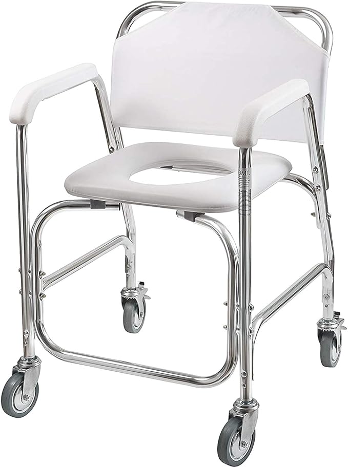 DMI Rolling Shower Chair, Commode, Transport Chair, FSA Eligible, Rolling Bathroom Wheelchair for Handicap, Elderly, Injured or Disabled, 250 Lb. Weight Capacity, Aluminum Frame, White