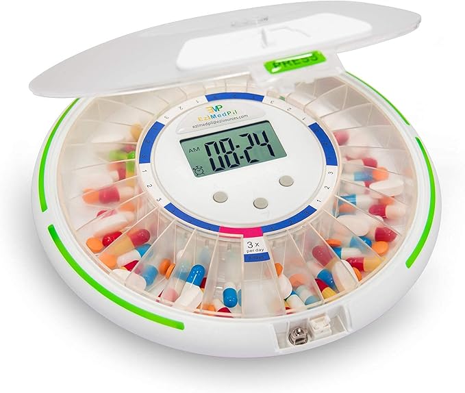 EziMedPil Automatic Pill Dispenser with Alarm, Sound & Light, up to 6 Alarms/Day, 6 Dosage Templates, Easy-Read Display, Frosted Lid & Locked 28-Day Medication Dispenser for Protecting Pills Privacy