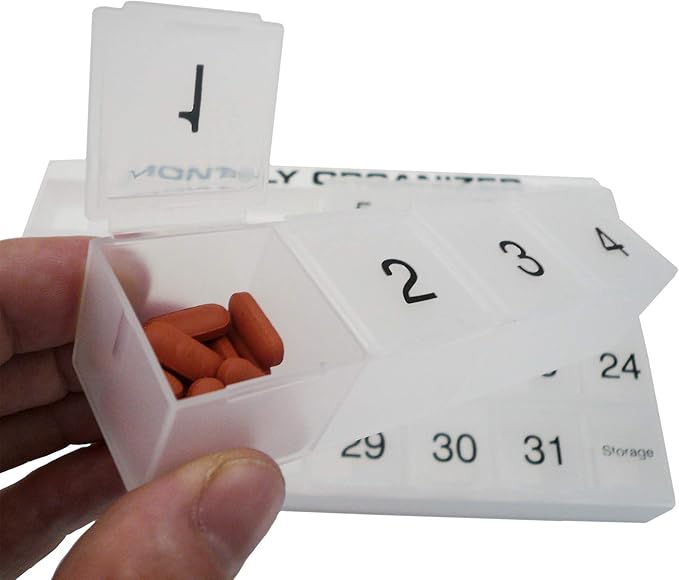 31 Day Pill Organizer | 1 per Day, 4 Week, 31 Compartments + Storage Monthly Pill Organizer | Includes Tray and 8 Removable compartments